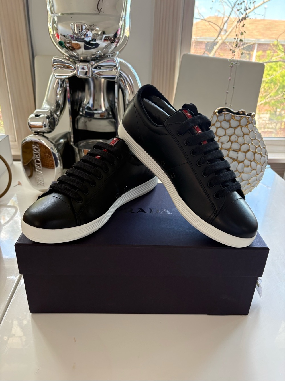 Prada Men’s Black and White Leather Sneakers - Picture 3 of 8